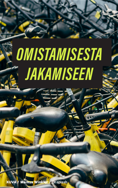 Keltaisia polkupyöriä ja teksti: "Omistamisesta jakamiseen". Spring-ideakilpailu.