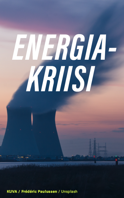 Kuva voimalaitoksesta ja teksti: "Energiakriisi". Spring-ideakilpailu.