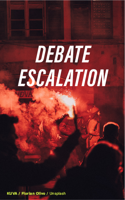 "A nighttime scene with people amid smoke and illuminated red flares, representing the intensity of escalating debates."
