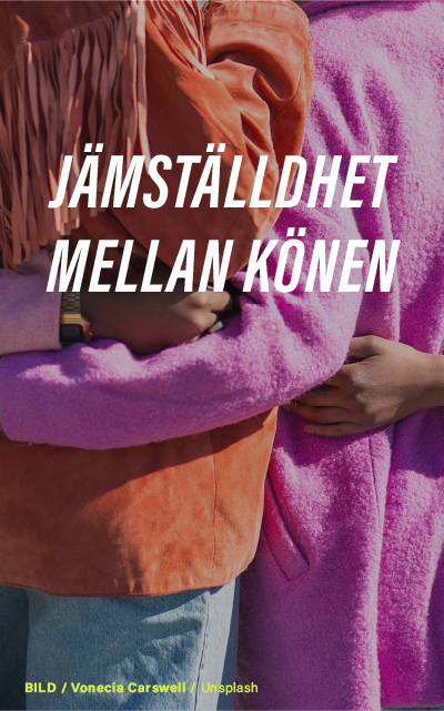 "Två personer, den ena i en laxfärgad jacka och den andra i en lila fluffig jacka, omfamnar varandra med texten 'JÄMSTÄLLDHET MELLAN KÖNEN' över bilden. Foto av Vonecia Carswell på Unsplash."
