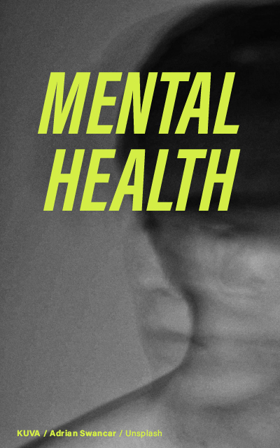 Close-up monochromatic image focusing on the blurred silhouette of a person's face, highlighting the theme of mental well-being. The text "MENTAL HEALTH" overlays the image. Credit: Adrian Swancar / Unsplash.