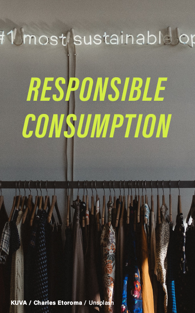 A row of diverse clothing on hangers with the text "Responsible Consumption" in bold yellow letters, accompanied by a smaller note crediting the photo to Charles Etoroma via Unsplash.
