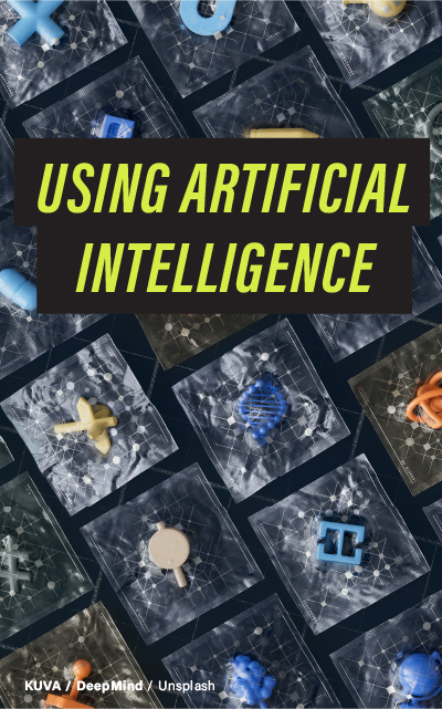 A graphic image depicting various figurines surrounded by network lines with the text "Using Artificial Intelligence". Credit: DeepMind/Unsplash.