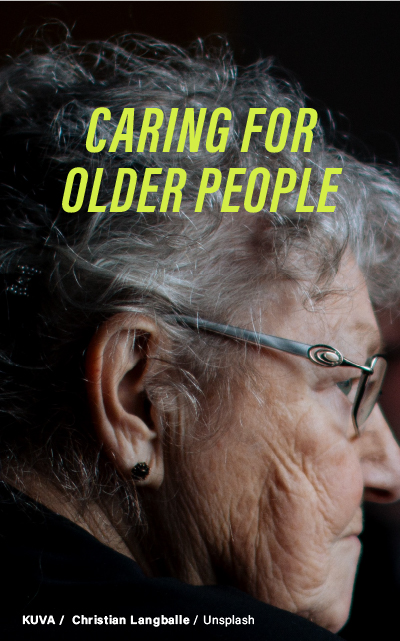 Profile view of an elderly woman with glasses, focusing on her face, with the text "Caring for Older People". Credit: Christian Langballe/Unsplash.