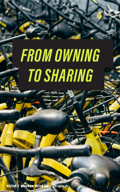 "A densely packed collection of yellow bicycles with the text 'From Owning to Sharing' overlaying the image. Photo by Markus Winkler on Unsplash."