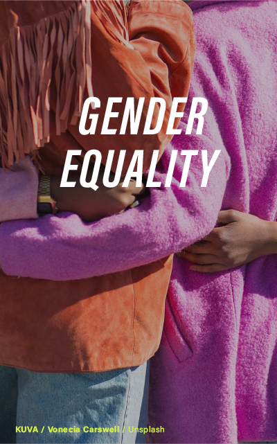"Two individuals, one in a salmon-colored jacket and the other in a vibrant purple fluffy coat, embracing each other with the text 'Gender Equality' overlaying the image. Photo by Vonecia Carswell on Unsplash."