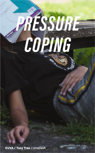 Image of a young person sitting outdoors on a bench, with their face obscured by a book titled "PRESSURE COPING". This illustrates the theme of managing stress and pressure. Credit: Tony Tran / Unsplash.