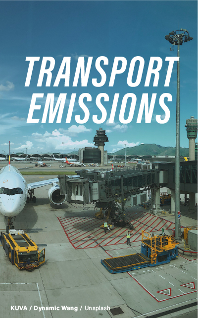An airport tarmac with planes, service vehicles, and control towers, emphasizing the environmental impact of transportation.