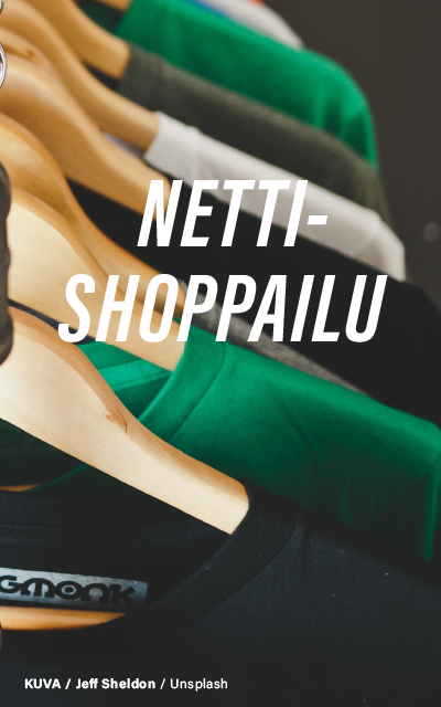 Vaatteita henkarissa ja teksti: "Nettishoppailu". Spring-ideakilpailu.