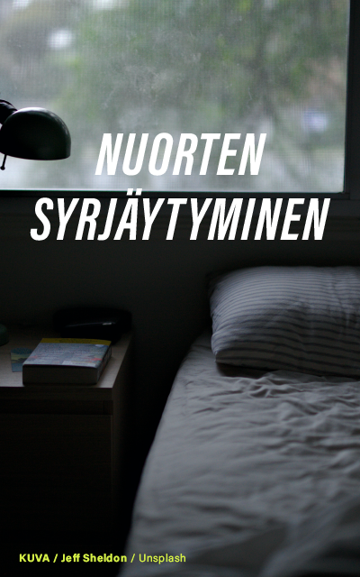 Tyhjä peti ikkunan edessä ja teksti: "Nuorten syrjäytyminen". Spring-ideakilpailu.