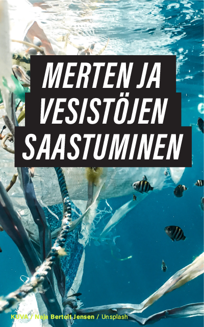 Kuva roskaisesta merestä ja teksti: "Merten ja vesistöjen saastuminen". Spring-ideakilpailu