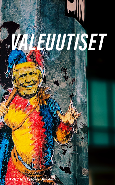 Kuva narrista ja teksti: "valeuutiset". Spring-ideakilpailu.