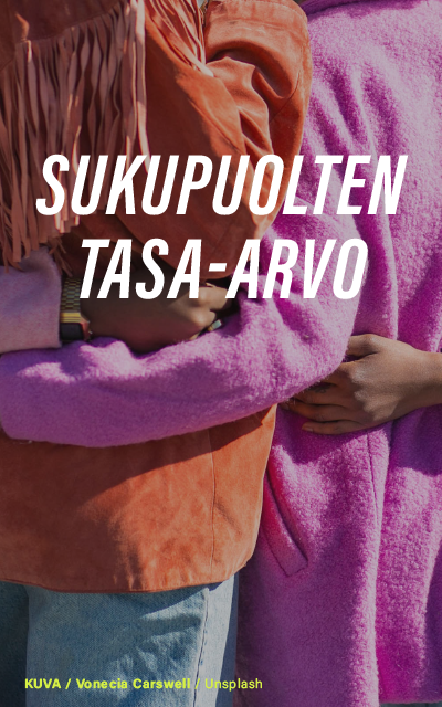 Ihmisiä halaamassa toisiaan ja teksti: "Sukupuolten tasa-arvo". Spring-ideakilpailu.