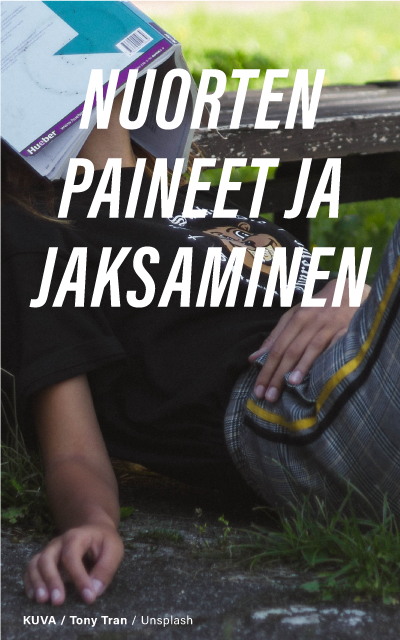 Ihminen lepää maassa kirja pään päällä ja teksti: "Nuorten paineet ja jaksaminen". Spring-ideakilpailu.