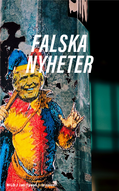 "En färgstark graffitibild av en karikerad figur, som symboliserar den förvrängning och överdrift som ofta förknippas med falska nyheter."