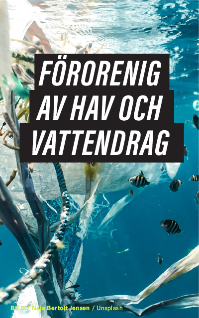 Bild som visar de negativa effekterna av havsföroreningar, med plastskräp som flyter i klarblått vatten omgivet av små fiskar. Texten "FÖRORENIG AV HAV OCH VATTENDRAG" överlagrar bilden. Kredit: Ninja Berkat Jensen / Unsplash.