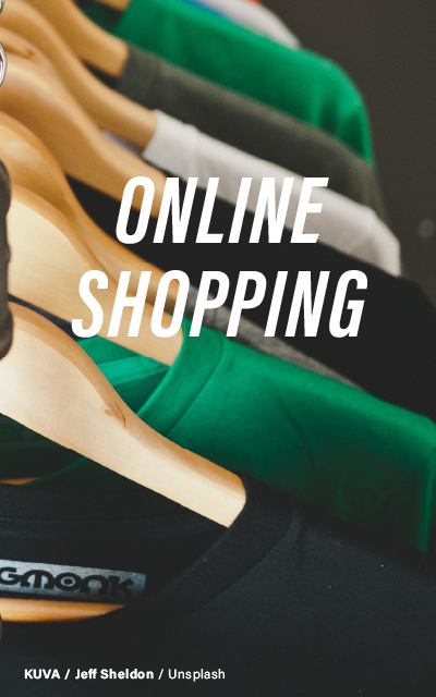 Image showcasing a variety of clothes on wooden hangers, highlighting the concept of e-commerce and fashion. The text "ONLINE SHOPPING" overlays the image. Credit: Jeff Sheldon / Unsplash.