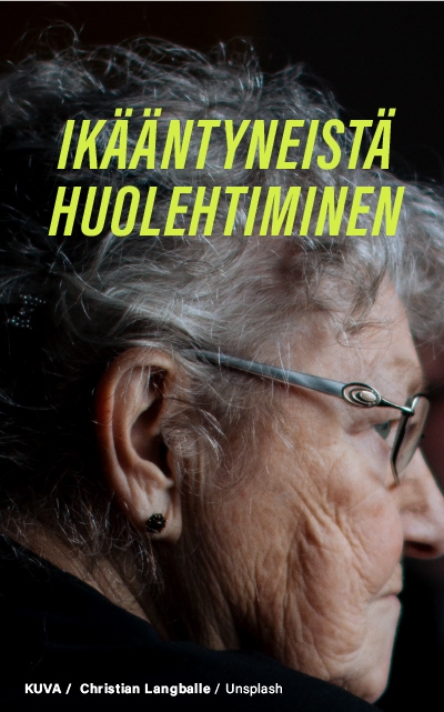 Sivukasvokuva henkilöstä ja teksti: "Ikääntyneistä huolehtiminen". Spring-ideakilpailu.